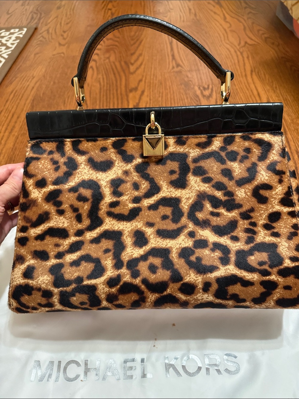 Michael Kors Leopard Print Satchel in Brown & Black with Gold Hardware